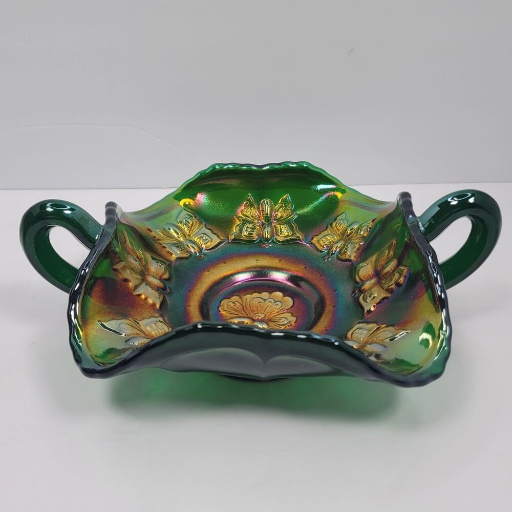 Fenton Green Carnival Glass Butterflies Bon Bon Dish #117/500